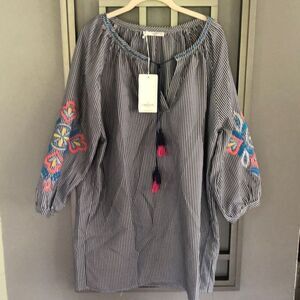 NWT Grifflin Grand white pinstripe, embroidered shirt, dress, cotton size S Tuni